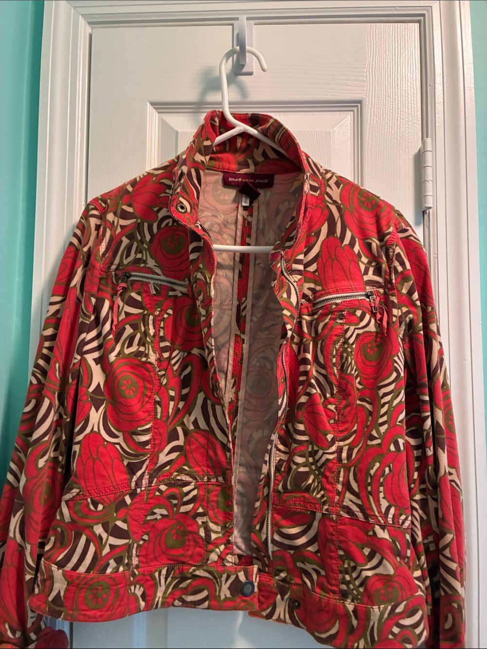Jones New York Red Floral Jean Jacket with Brown & Cream Accents